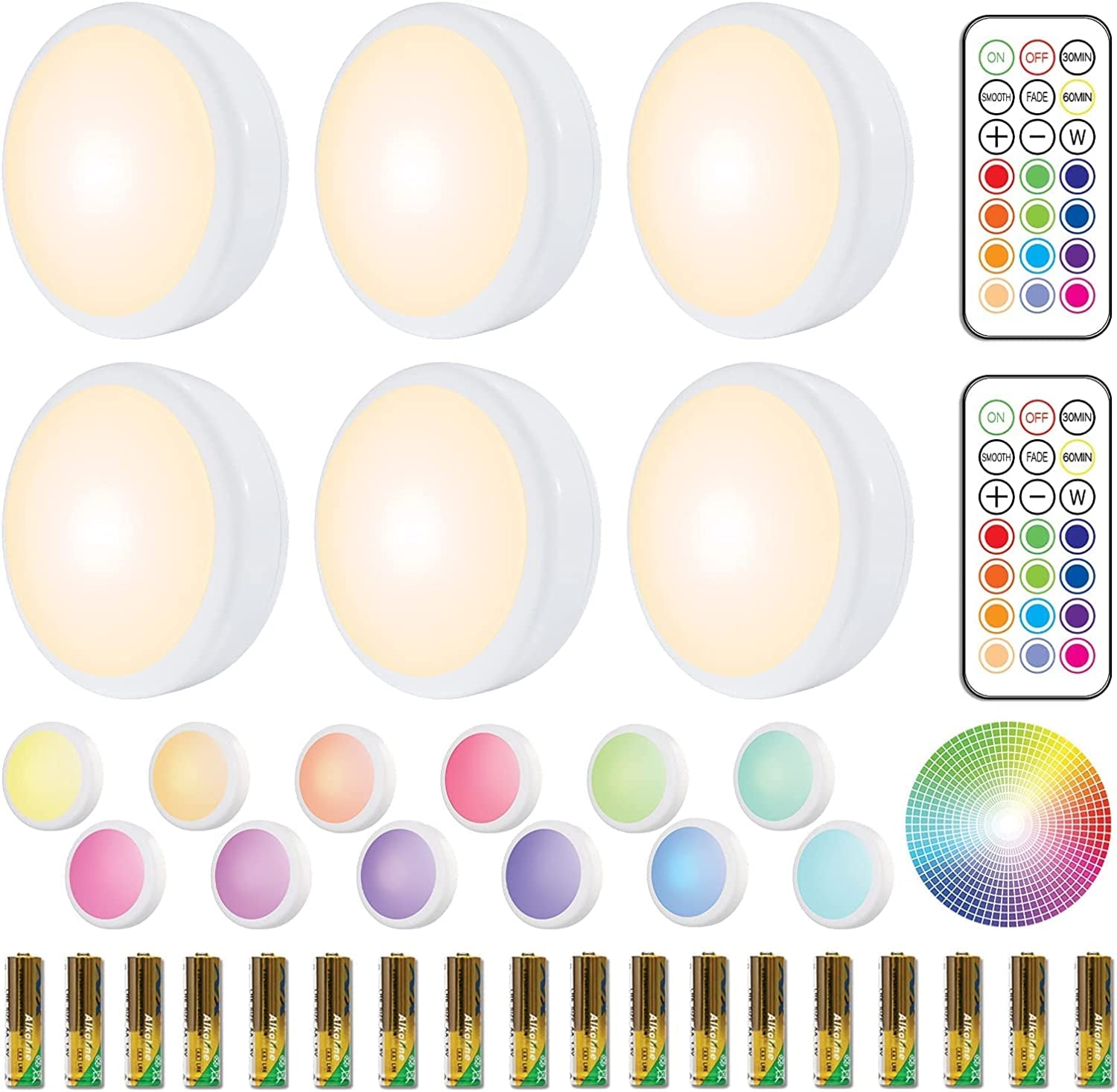 12 Pack Puck Lights, 16 Colors Changeable LED Puck Lighting Battery Powered Dimmable under Cabinet Lights Wireless under Counter Lights Mini Night Light, with 2 Remote Controls & Timing Function… Home & Garden > Lighting > Lighting Fixtures > Cabinet Light Fixtures HELPLEX 6 PACK Included 18 Batteries 6 PACK Included 18 Batteries