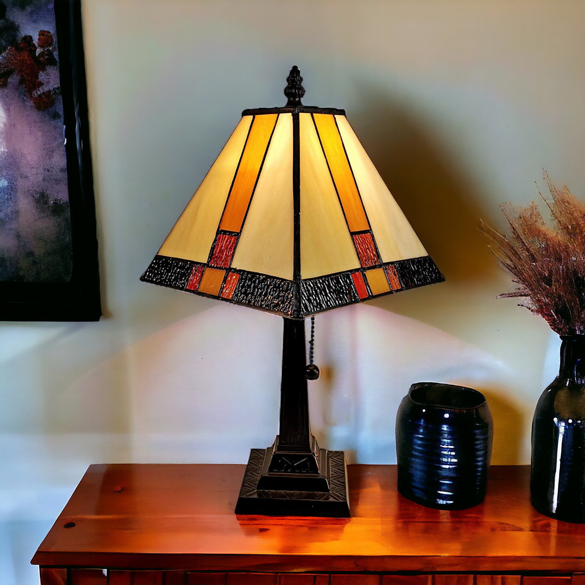 15" Tiffany Amber and Black Mission Style Table Lamp