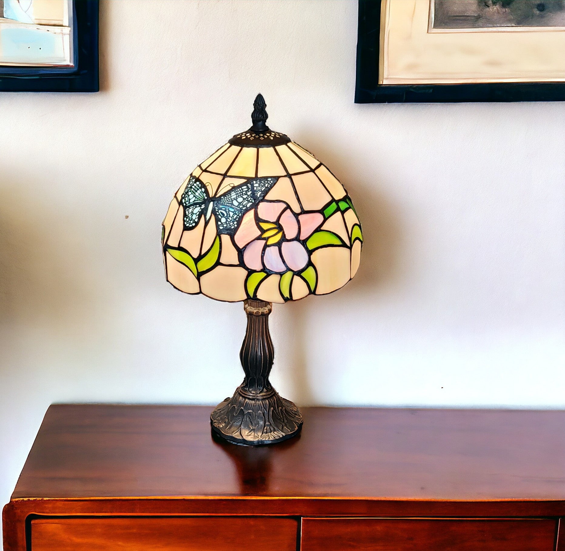 15" Tiffany Style Stained Glass Blue Butterfly Table Lamp