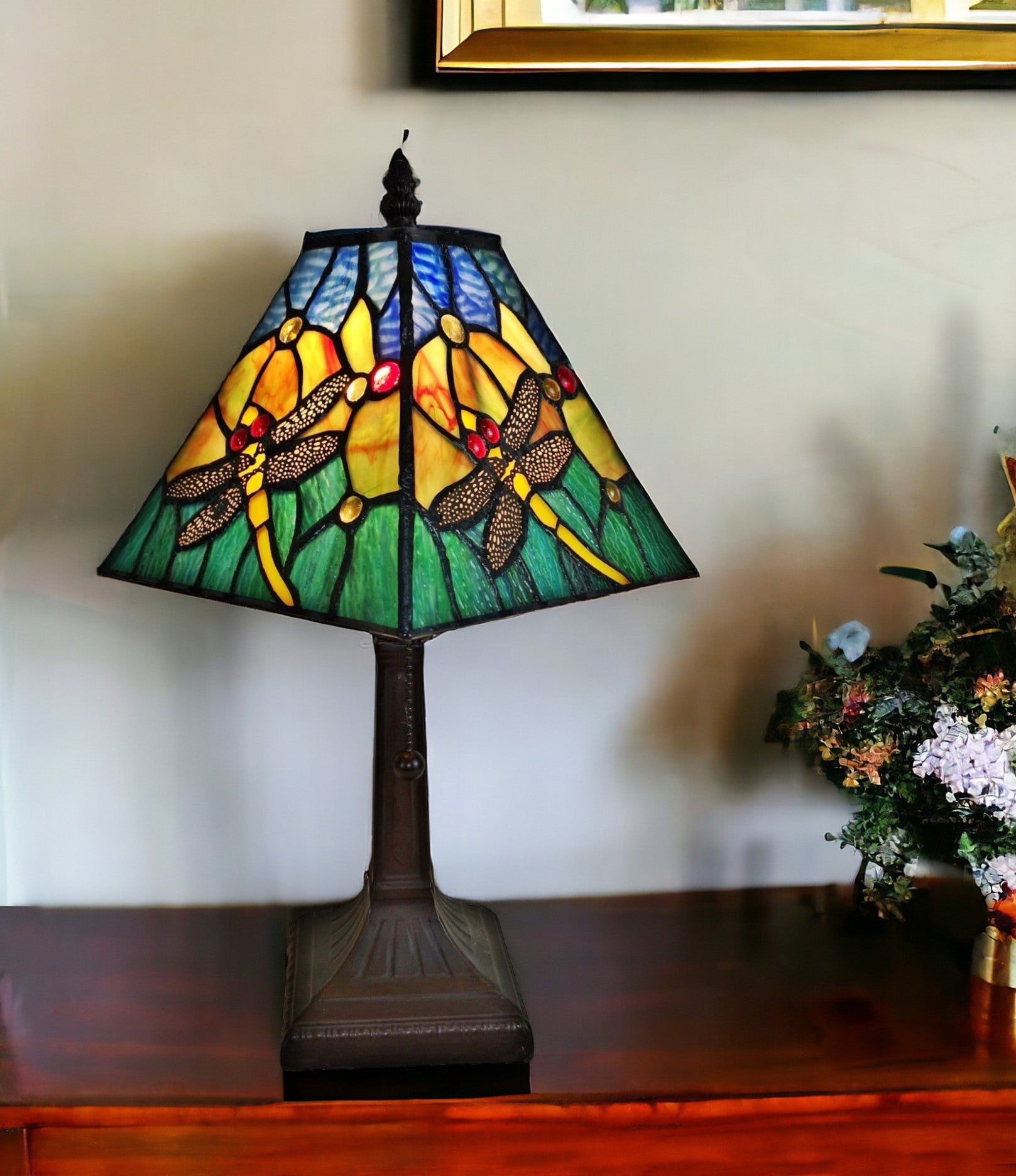 15" Tiffany Style Yellow Dragonflies Jeweled Table Lamp