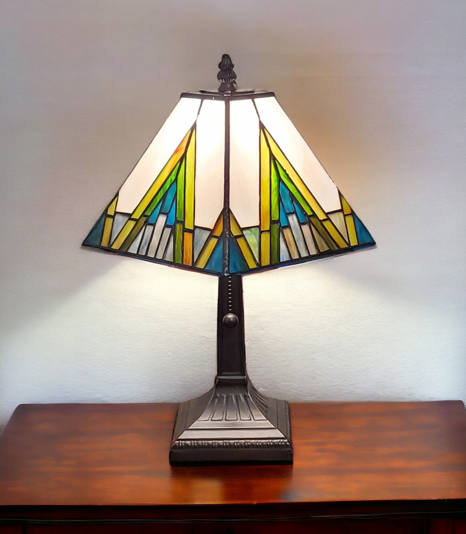 15" Tiffany White Yellow and Blue Mission Style  Table Lamp