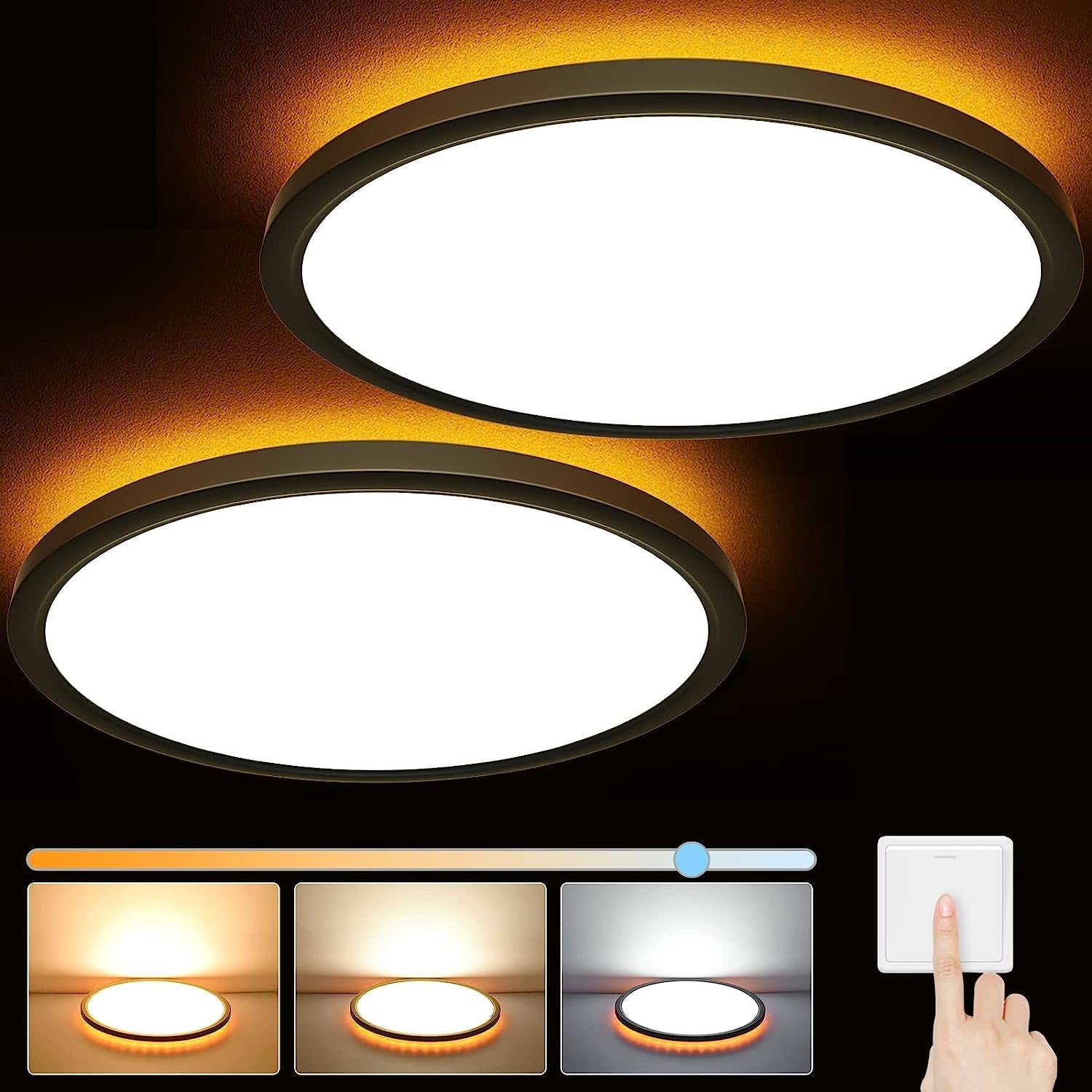 12 Inch LED Flush Mount Ceiling Light with Night Light, 2-Pack 24W 3200LM LED Ceiling Light, 3000K/4000K/6500K Selectable Dimmable Modern round Flat Panel Light for Bedroom Living Room Kitchen Hallway Home & Garden > Lighting > Lighting Fixtures > Ceiling Light Fixtures Brightever Black