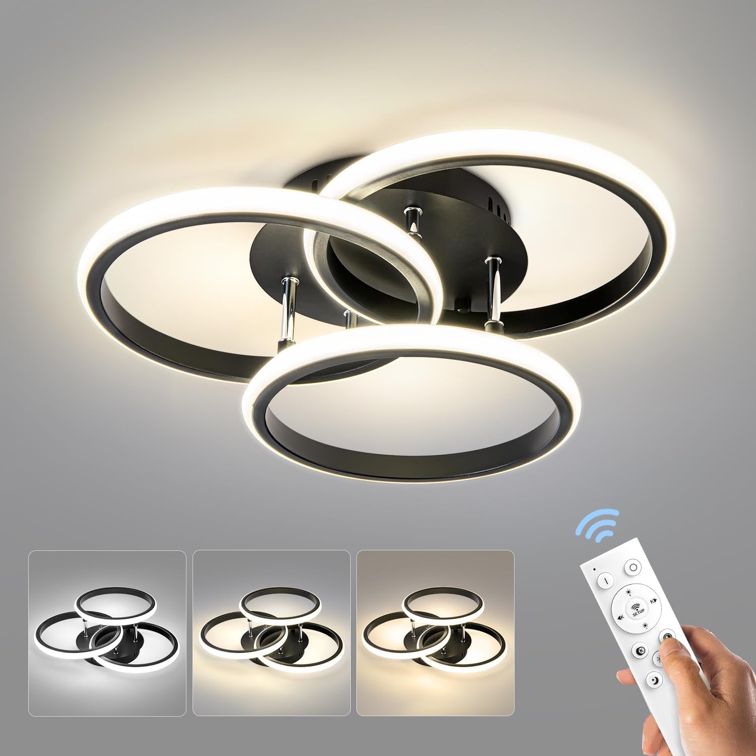 15.74IN 55W Dimmable LED Modern Flush Mount Ceiling Light Fixture with Remote Control, Chrome 3000K-6500K 3-Color Dimming Circle Modern Chandelier, Close to Ceiling Bedroom Kitchen Cloakroom Lamp Home & Garden > Lighting > Lighting Fixtures > Ceiling Light Fixtures Motu Lighting Co., Ltd 15in- 3 ring Black