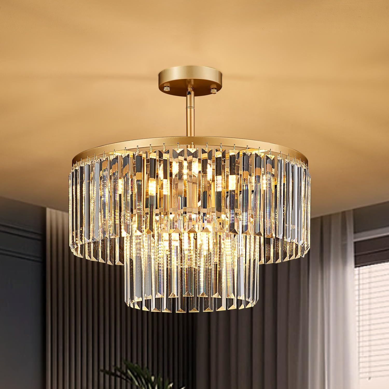 17.7“ Gold Semi Flush Mount 2-Tier Crystal Ceiling Light Fixtures - $90