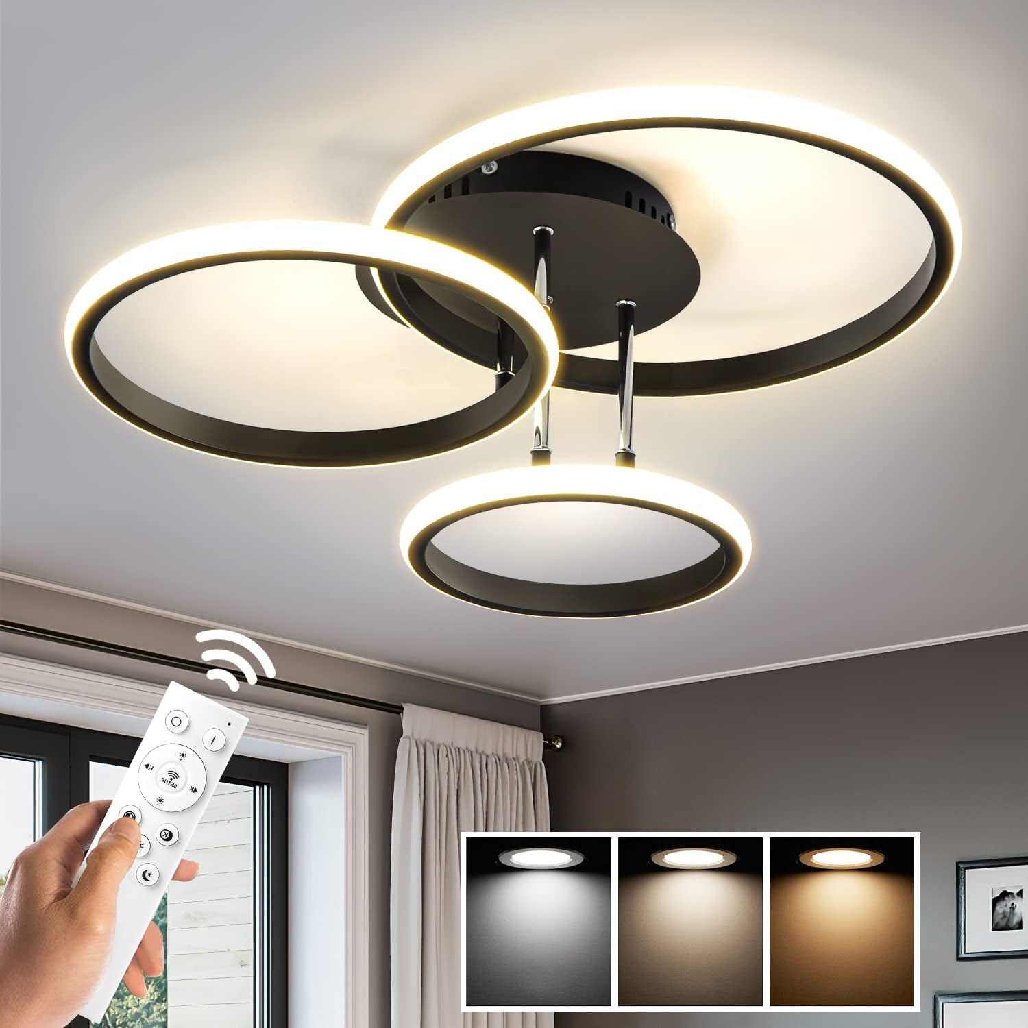 15.74IN 55W Dimmable LED Modern Flush Mount Ceiling Light Fixture with Remote Control, Chrome 3000K-6500K 3-Color Dimming Circle Modern Chandelier, Close to Ceiling Bedroom Kitchen Cloakroom Lamp Home & Garden > Lighting > Lighting Fixtures > Ceiling Light Fixtures Motu Lighting Co., Ltd 20in- 3 ring Black