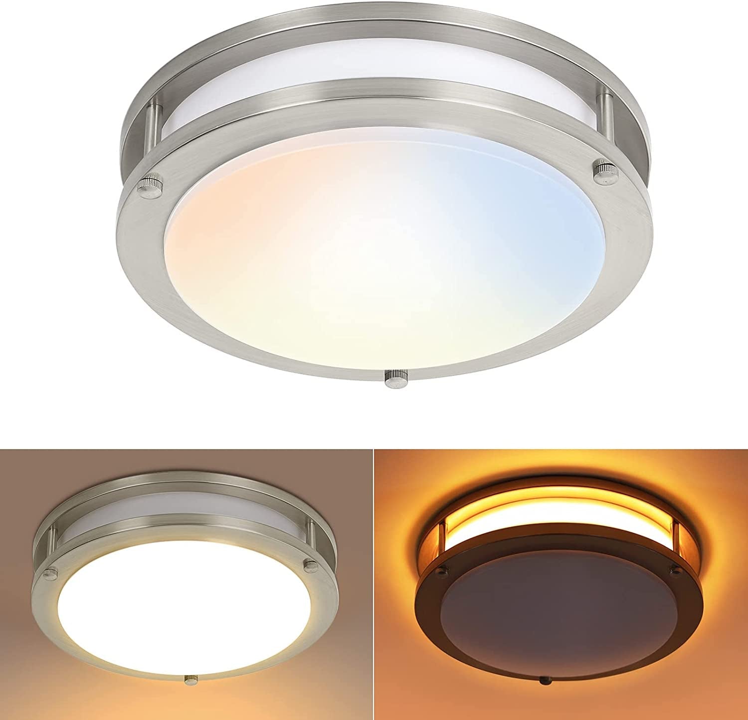 13 Inch Flush Mount LED Ceiling Light Fixture, 2700K/3000K/3500K/4000K/5000K Adjustable Ceiling Lights, Oil Rubbed Bronze Saturn Dimmable Lighting for Hallway Bathroom Kitchen or Stairwell, ETL Listed Home & Garden > Lighting > Lighting Fixtures > Ceiling Light Fixtures Hykolity Brushed Nickel with Night Light 10 inch