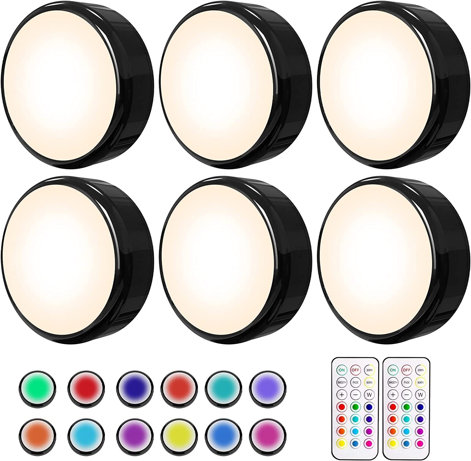 12 Pack Puck Lights, 16 Colors Changeable LED Puck Lighting Battery Powered Dimmable under Cabinet Lights Wireless under Counter Lights Mini Night Light, with 2 Remote Controls & Timing Function… Home & Garden > Lighting > Lighting Fixtures > Cabinet Light Fixtures HELPLEX BLACK - 6 PACK NO Battery BLACK - 6 PACK NO Battery