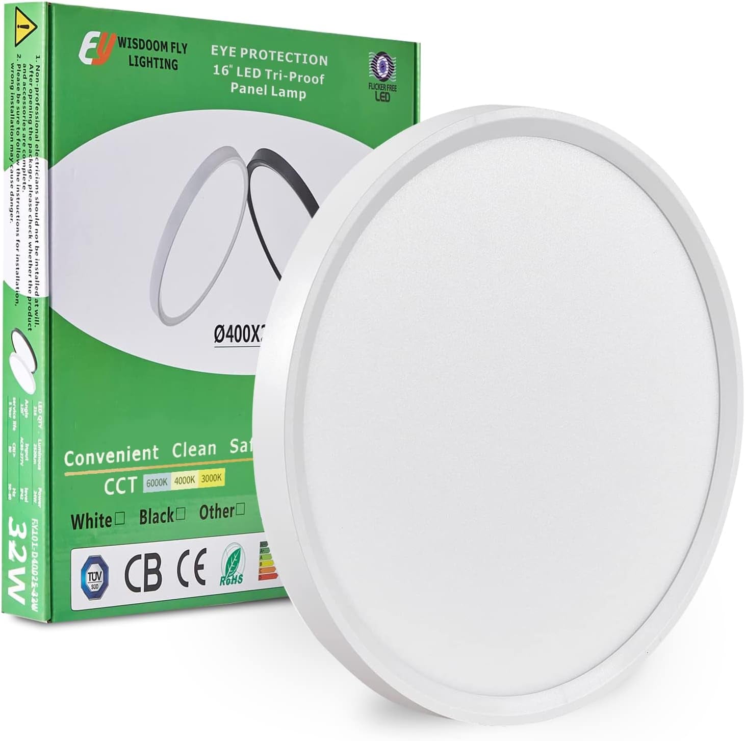 15.8 Inch LED Flush Mount Ceiling Light, 32W, 3480LM, 3000K/4000K/6000K CCT Selectable, round Flat Panel Light Low Profile Ceiling Light Fitures for Hallway, Kitchen, Bedroom, Laundry Room