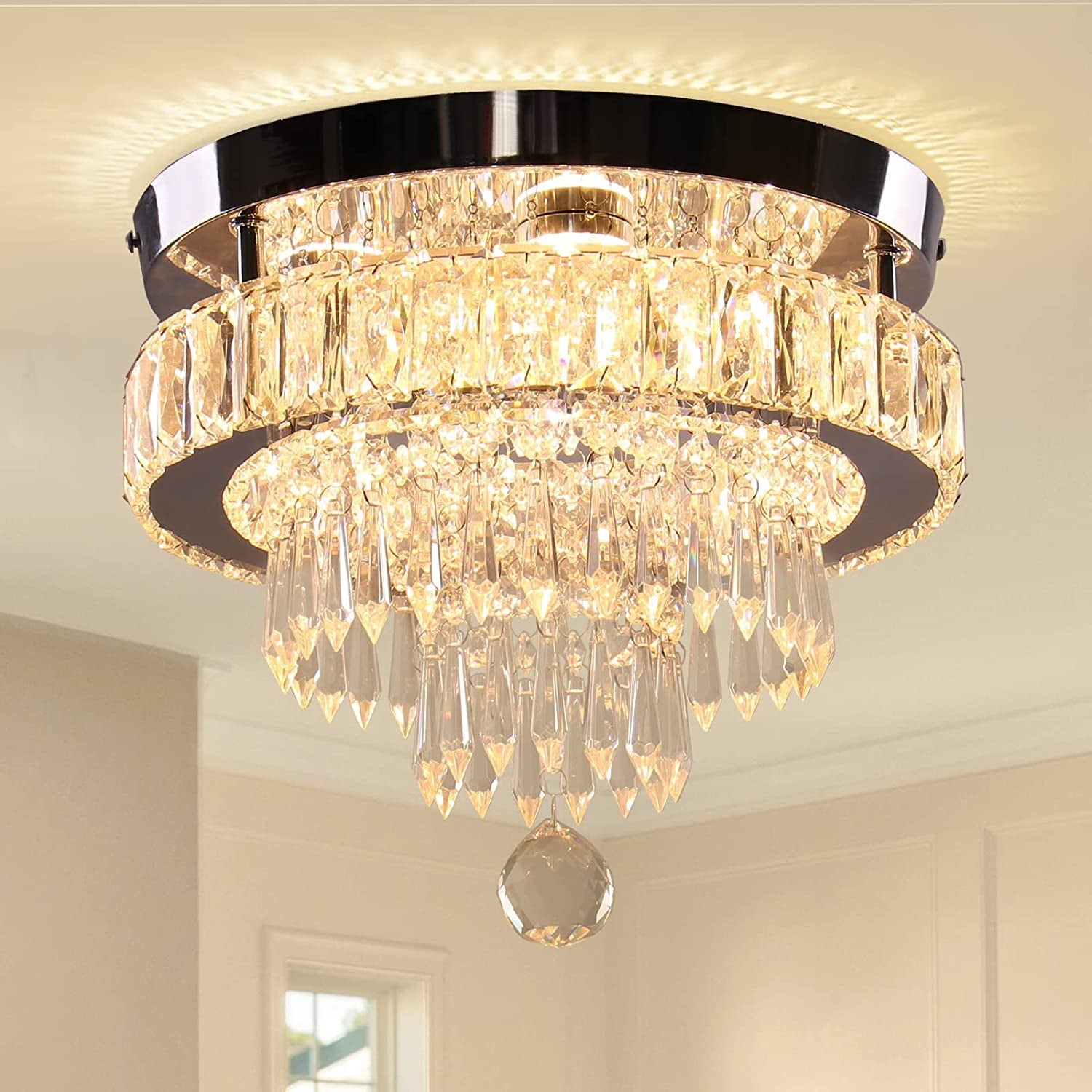 11.8" Crystal Chandelier LED Crystal Flush Mount Ceiling Light Modern Crystal Chandeliers for Bedrooms Dining Room Hallway (6500K Cool White) without Remote Control Home & Garden > Lighting > Lighting Fixtures > Chandeliers Cainjiazh Warm Light