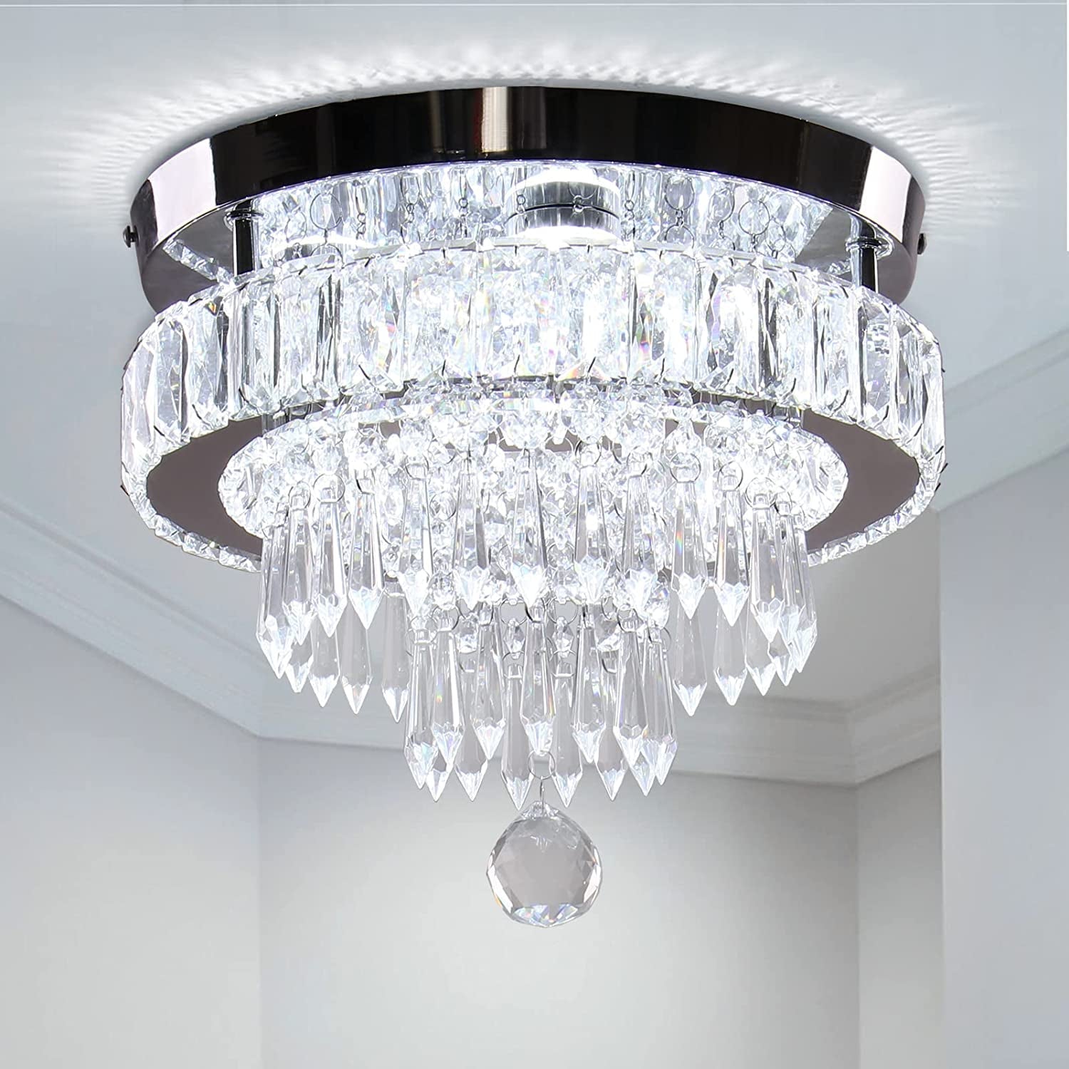 11.8" Crystal Chandelier LED Crystal Flush Mount Ceiling Light Modern Crystal Chandeliers for Bedrooms Dining Room Hallway (6500K Cool White) without Remote Control