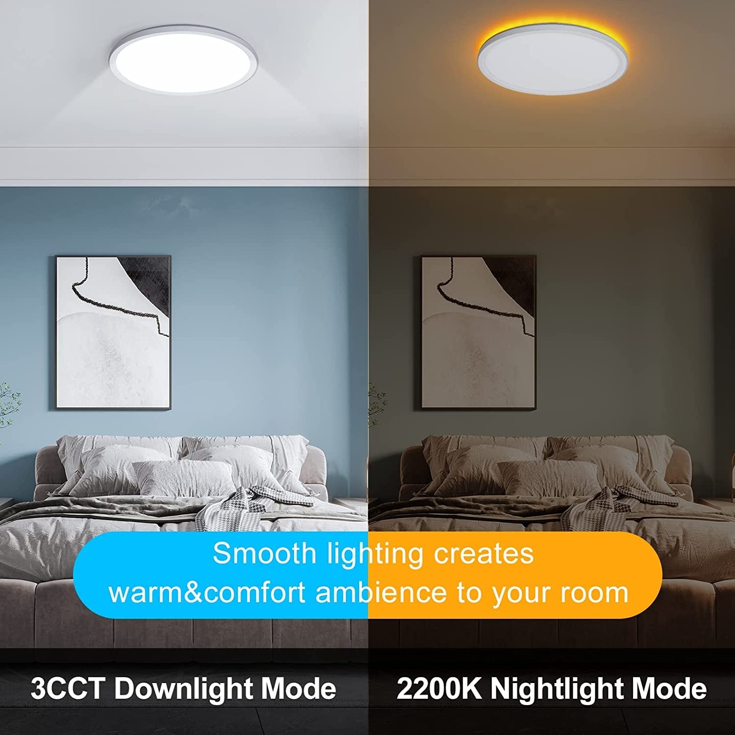 12 Inch LED Flush Mount Ceiling Light with Night Light, 2-Pack 24W 3200LM LED Ceiling Light, 3000K/4000K/6500K Selectable Dimmable Modern round Flat Panel Light for Bedroom Living Room Kitchen Hallway